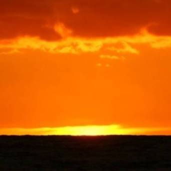 an orange sunset in the background